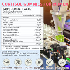 Close-up of Cortisol Gummies ingredients showing Ashwagandha and Rhodiola Rosea