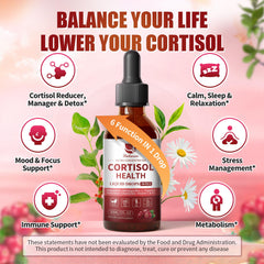 Bottle with dropper of cranberry-flavored cortisol liquid
