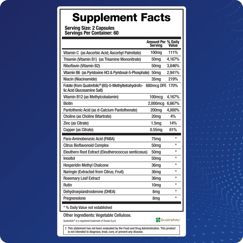 Cortisol manager product highlighting B vitamins and 5-MTHF