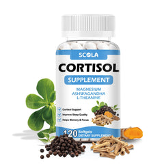 Cortisol supplement bottle featuring magnesium, ashwagandha and L-Theanine