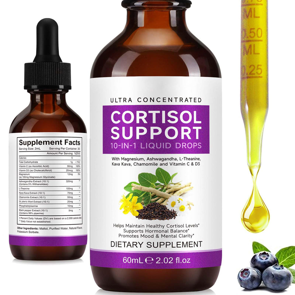 Cortisol support drops bottle with blueberry label