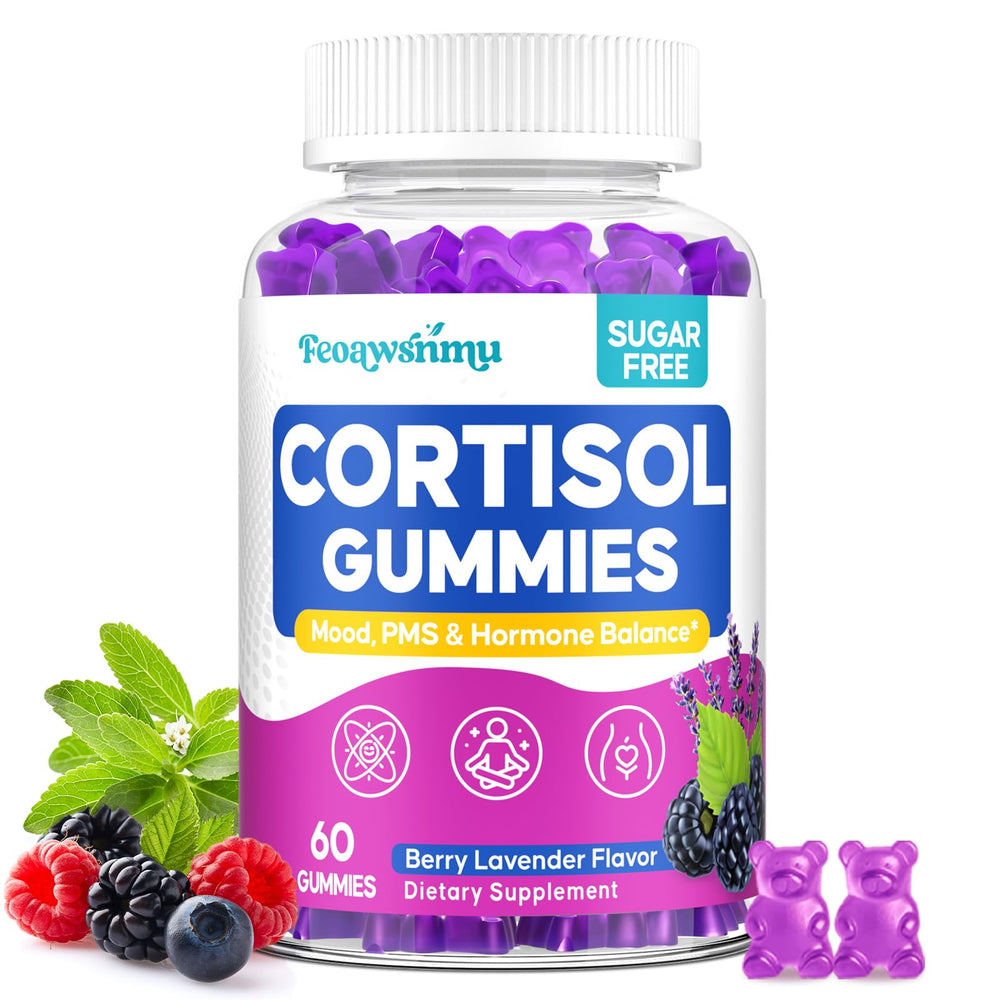 Front view of cortisol supplements for women bottle with 60 vegan gummies