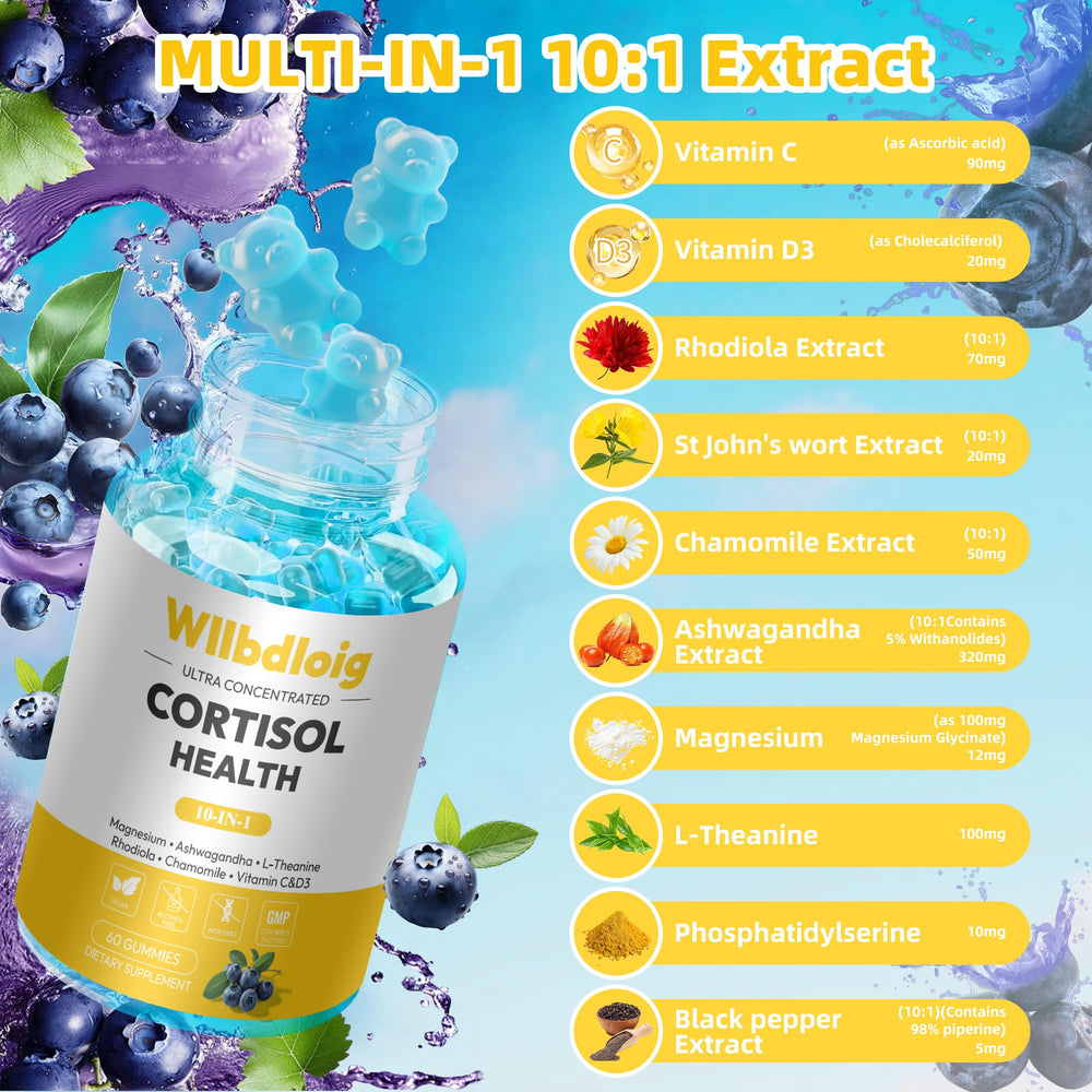 Assorted cortisol gummies on a clean white surface