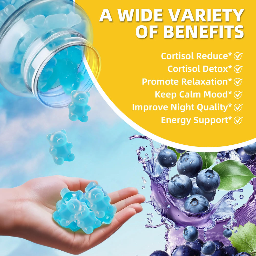 Cortisol Gummies bottle with wellness-themed backdrop