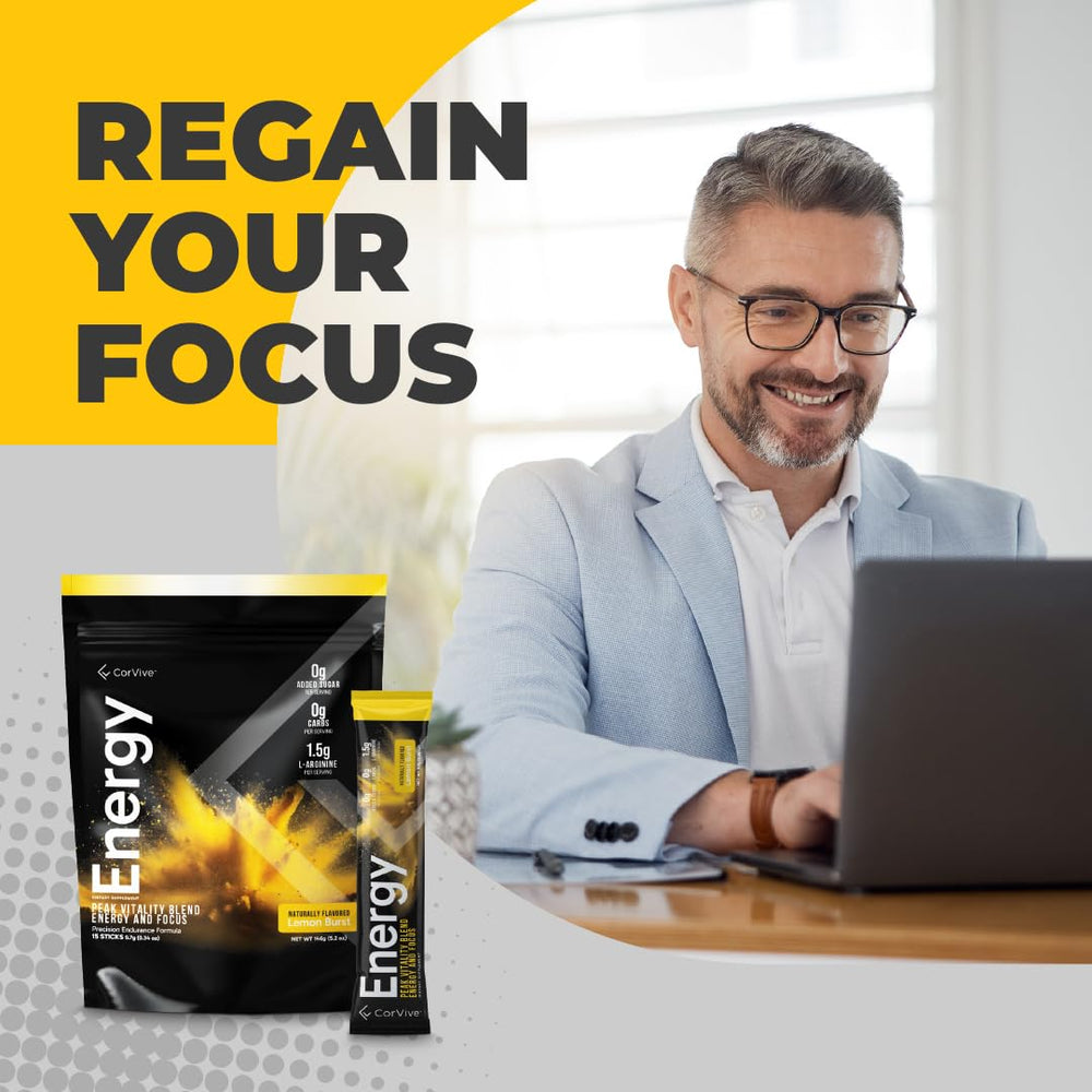 CorVive Energy ashwagandha root component showcased for calm focus during tasks.