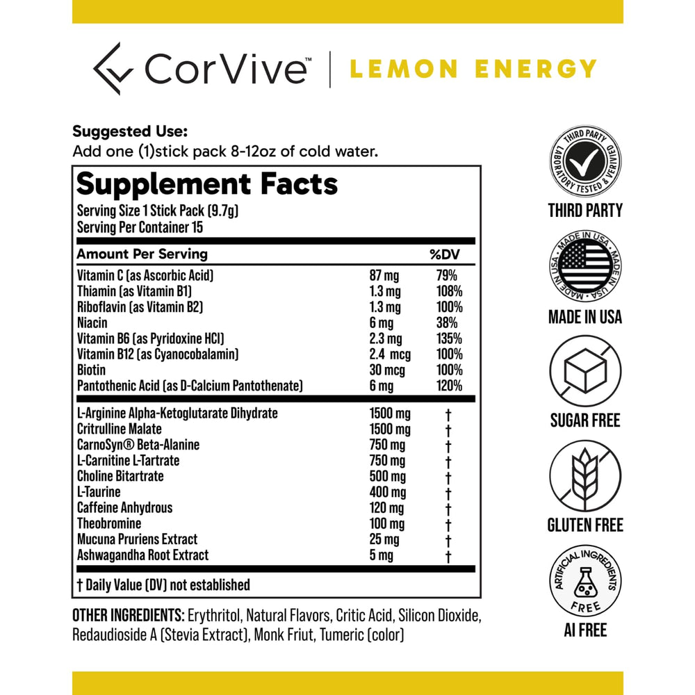 CorVive Energy Lemon nutrition facts and caffeine