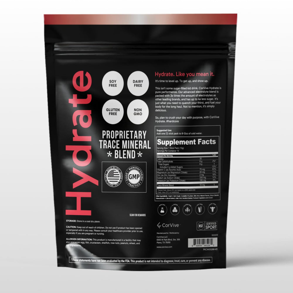 Close-up of CorVive Hydrate Cherry Limeade packaging