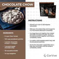 CorVive Protein + Collagen Powder chocolate packaging close-up.