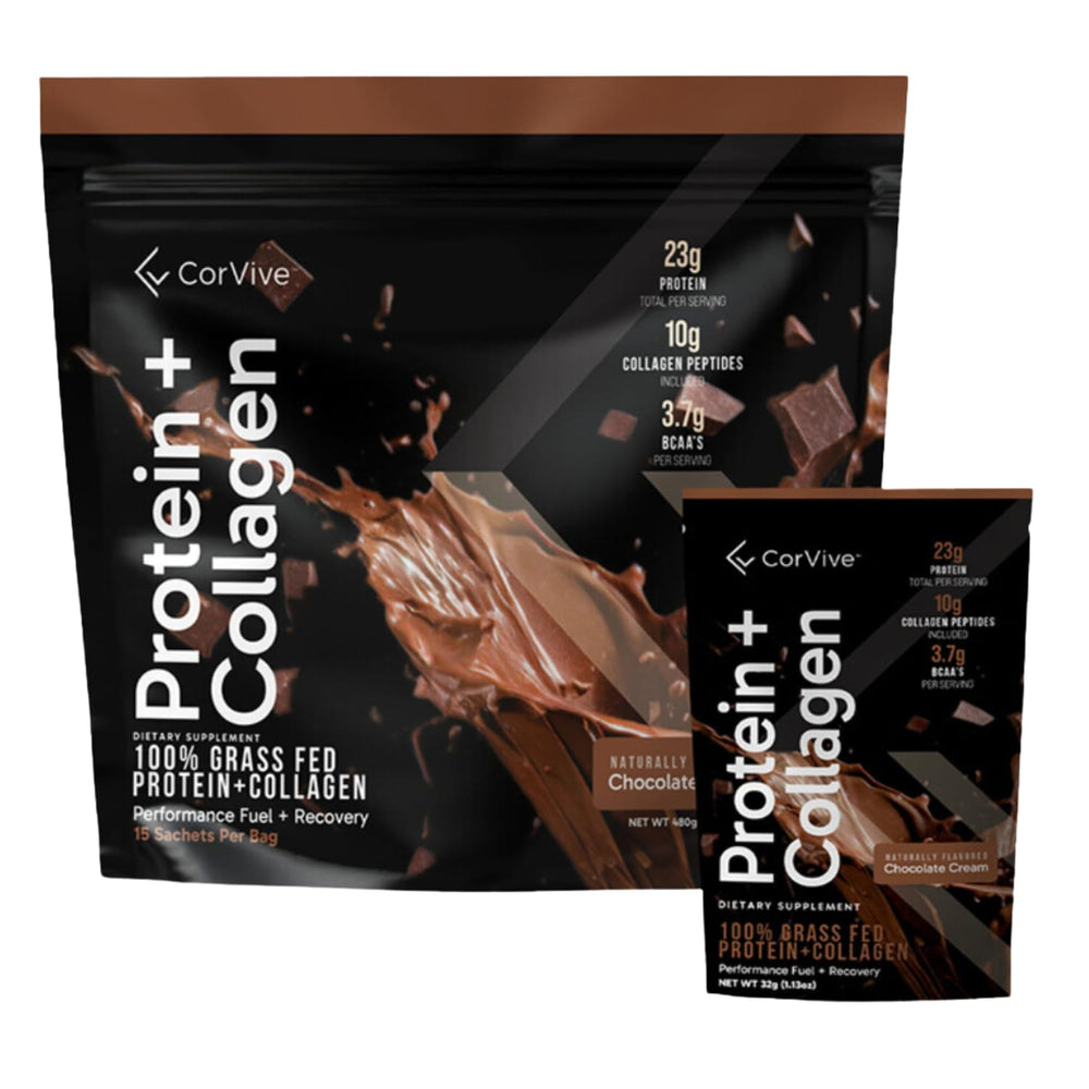 CorVive Protein + Collagen Powder chocolate sachet ready for on-the-go protein boost.