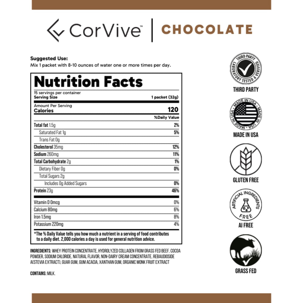 CorVive Protein + Collagen Powder packaged tub on kitchen counter.