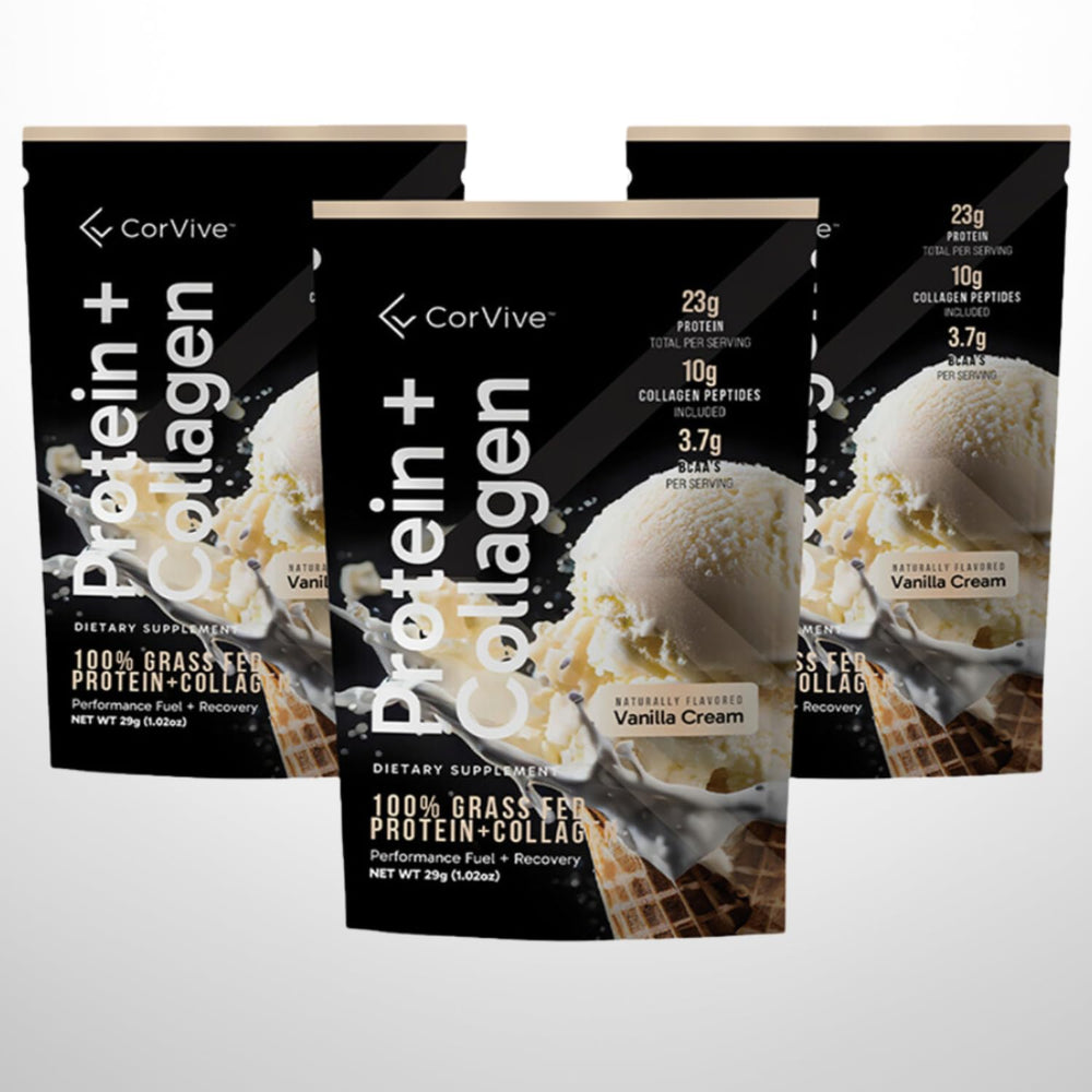 CorVive Protein + Collagen powder shake in a glass suggests quick post-workout recovery.