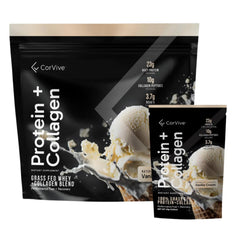 CorVive Protein + Collagen Powder vanilla packaging highlights convenient daily protein for active lifestyles.