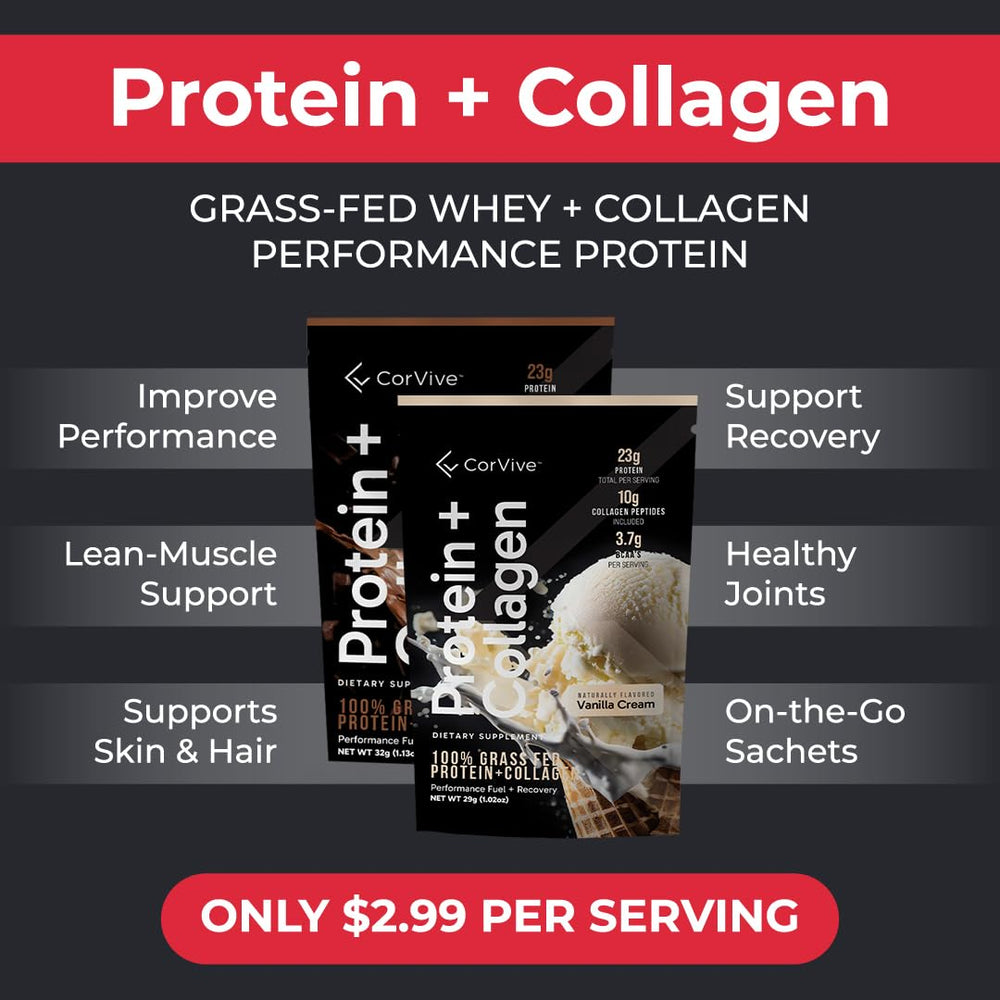 CorVive Protein + Collagen shake with fruits shows tasty vanilla flavor for enjoyable daily protein.