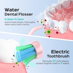 Close-up of COSLUS 2-in-1 black portable device with water flosser and toothbrush