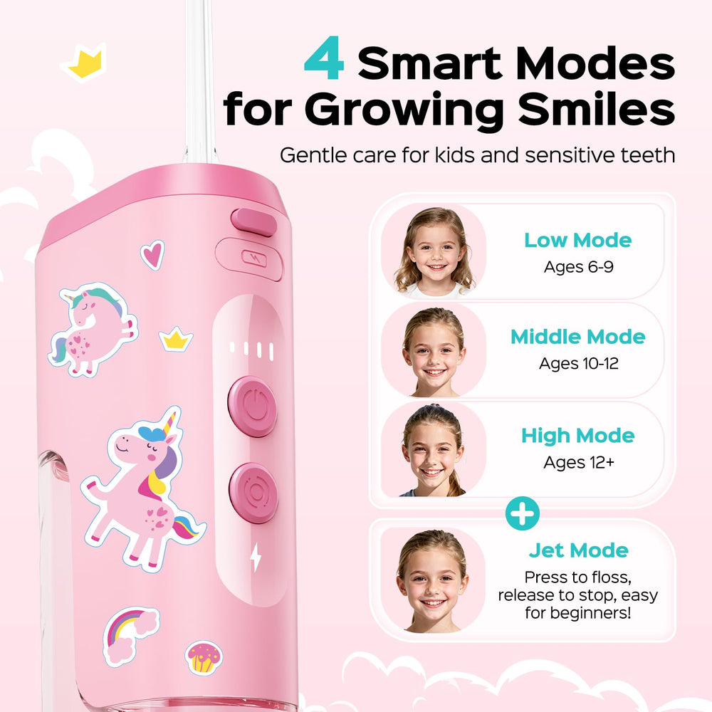 Child ages 6+ using COSLUS water flosser for braces and sensitive teeth