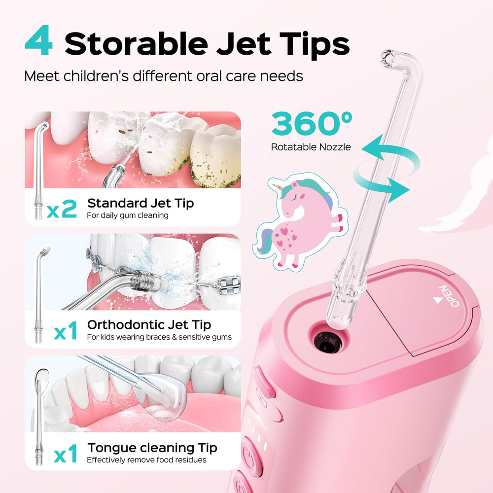Braces-friendly use of COSLUS kid water flosser