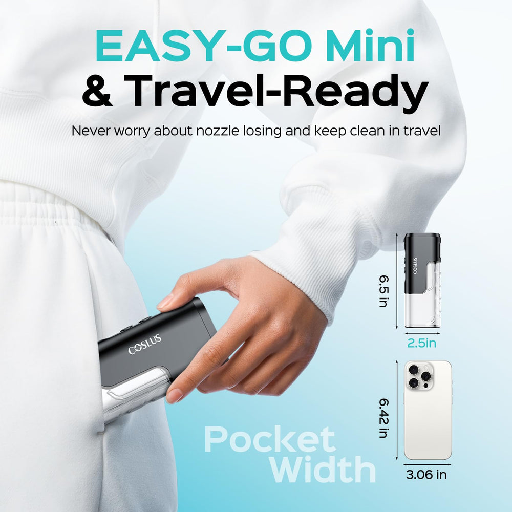 Compact COSLUS travel water flosser in hand for scale
