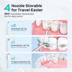 Package contents: flosser, 4 replacement heads, bag, manual, cable