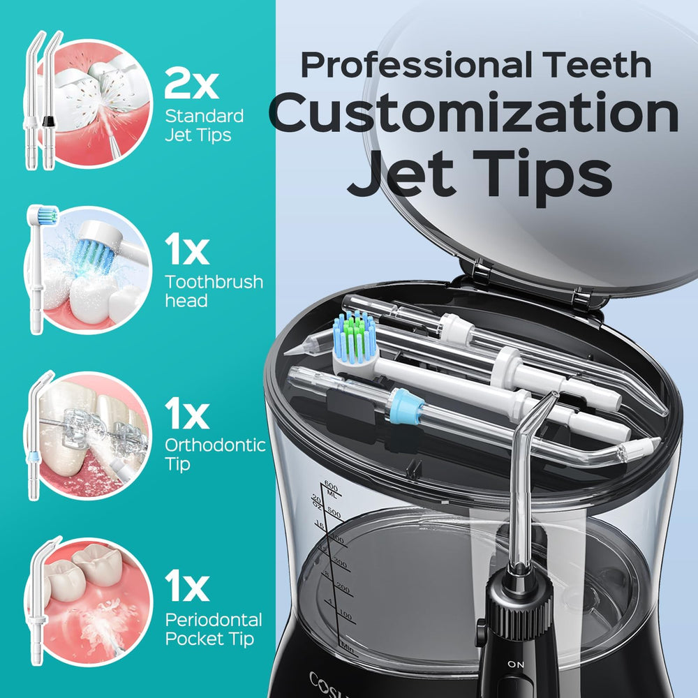 Compact design COSLUS water flosser on bathroom counter