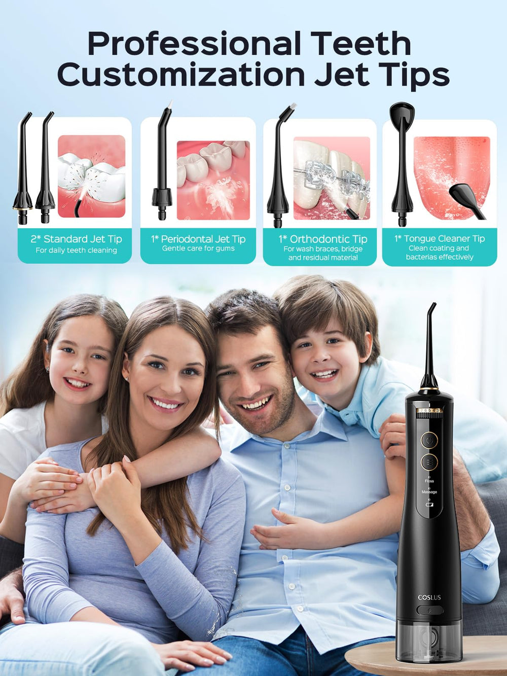 Family-friendly COSLUS water flosser in bathroom setting