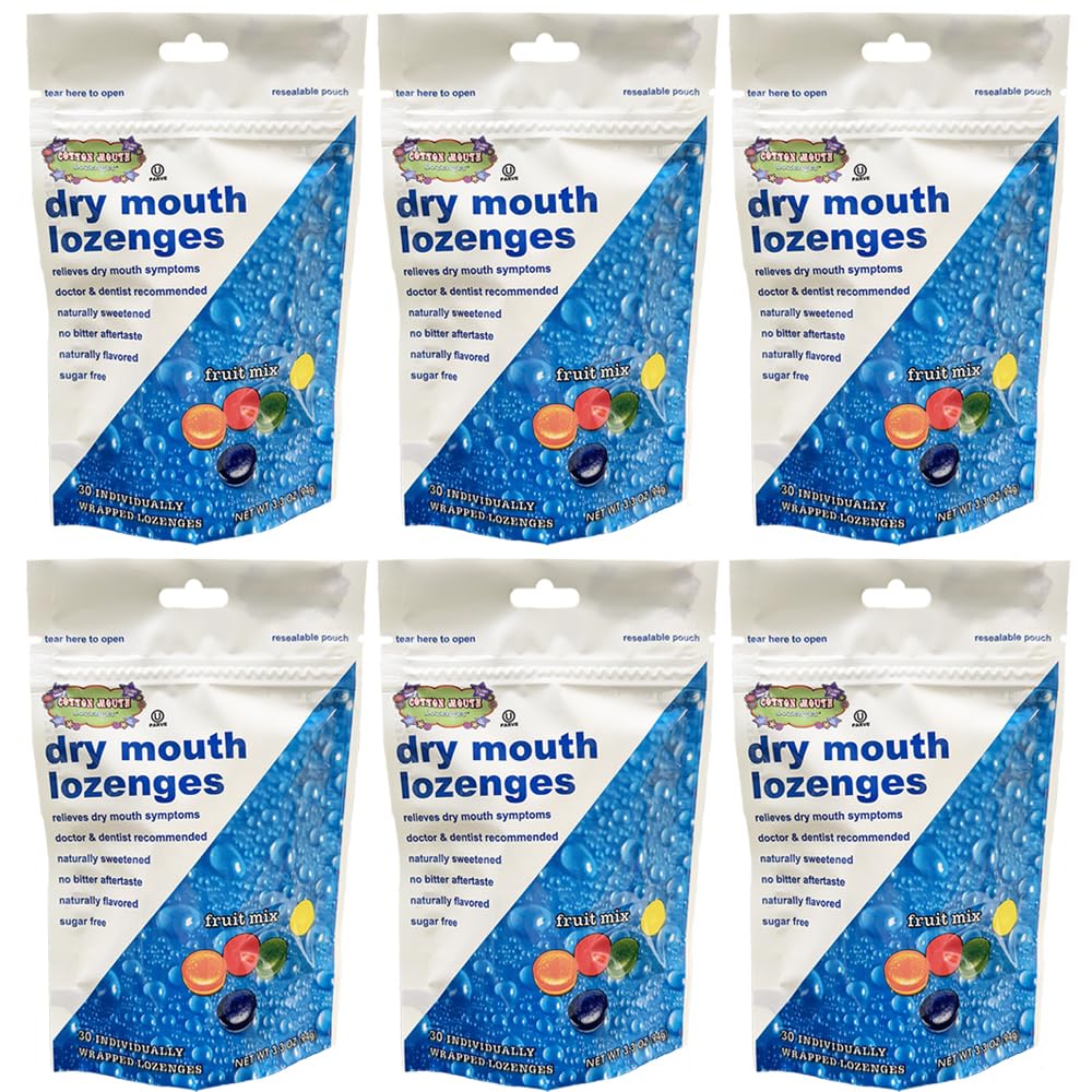 Cotton Mouth Lozenges fruit flavor relief packaging with 3.3oz bag, 6 bags, 30 lozenges each