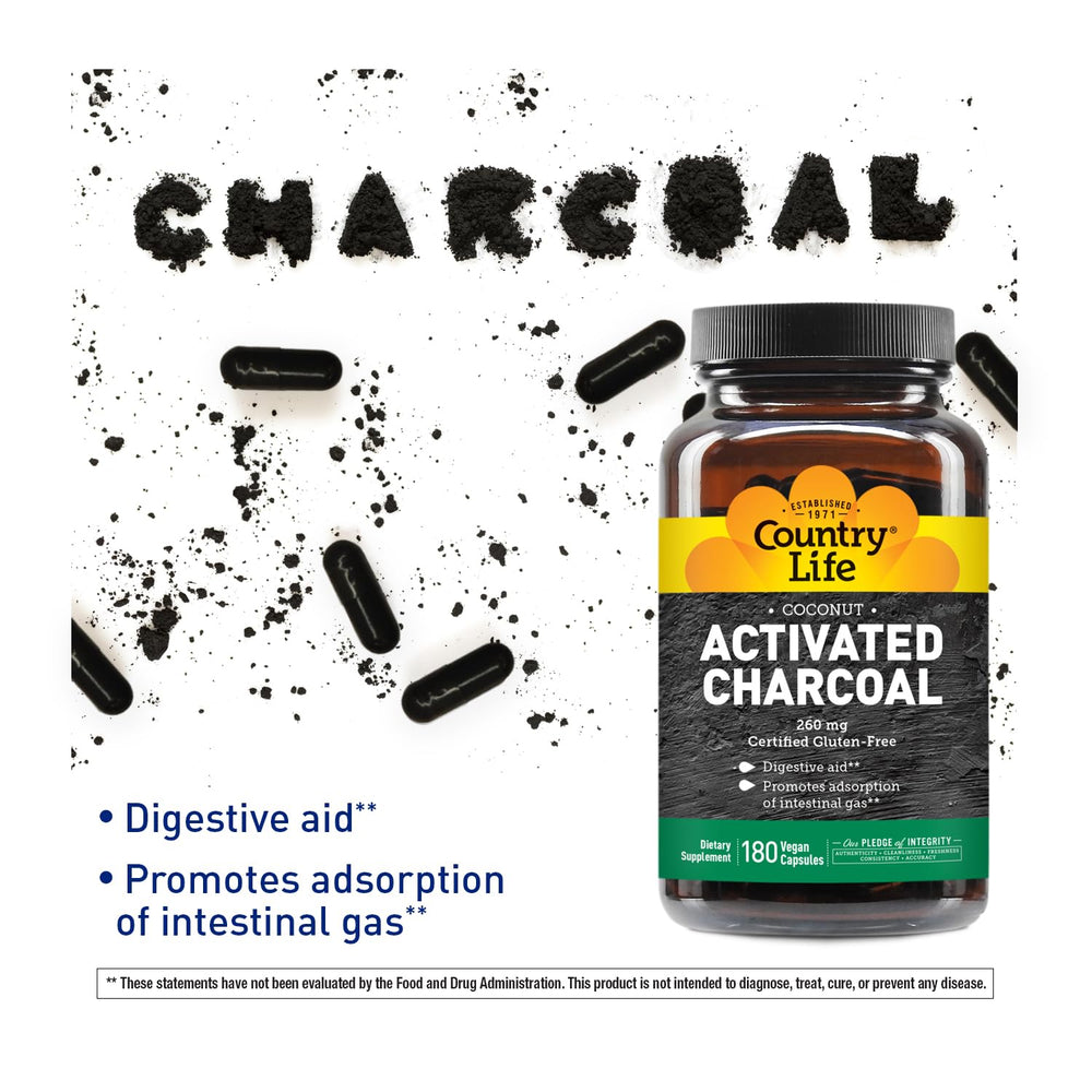 Country Life Activated Charcoal Coconut Capsules bottle – back label with supplement facts