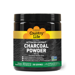 Country Life Activated Coconut Charcoal Powder 500mg container with scoop