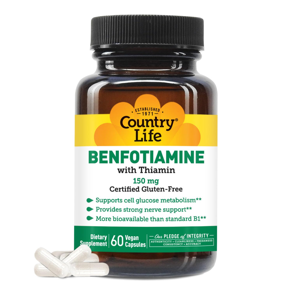 Country Life Benfotiamine with Thiamin bottle on white background
