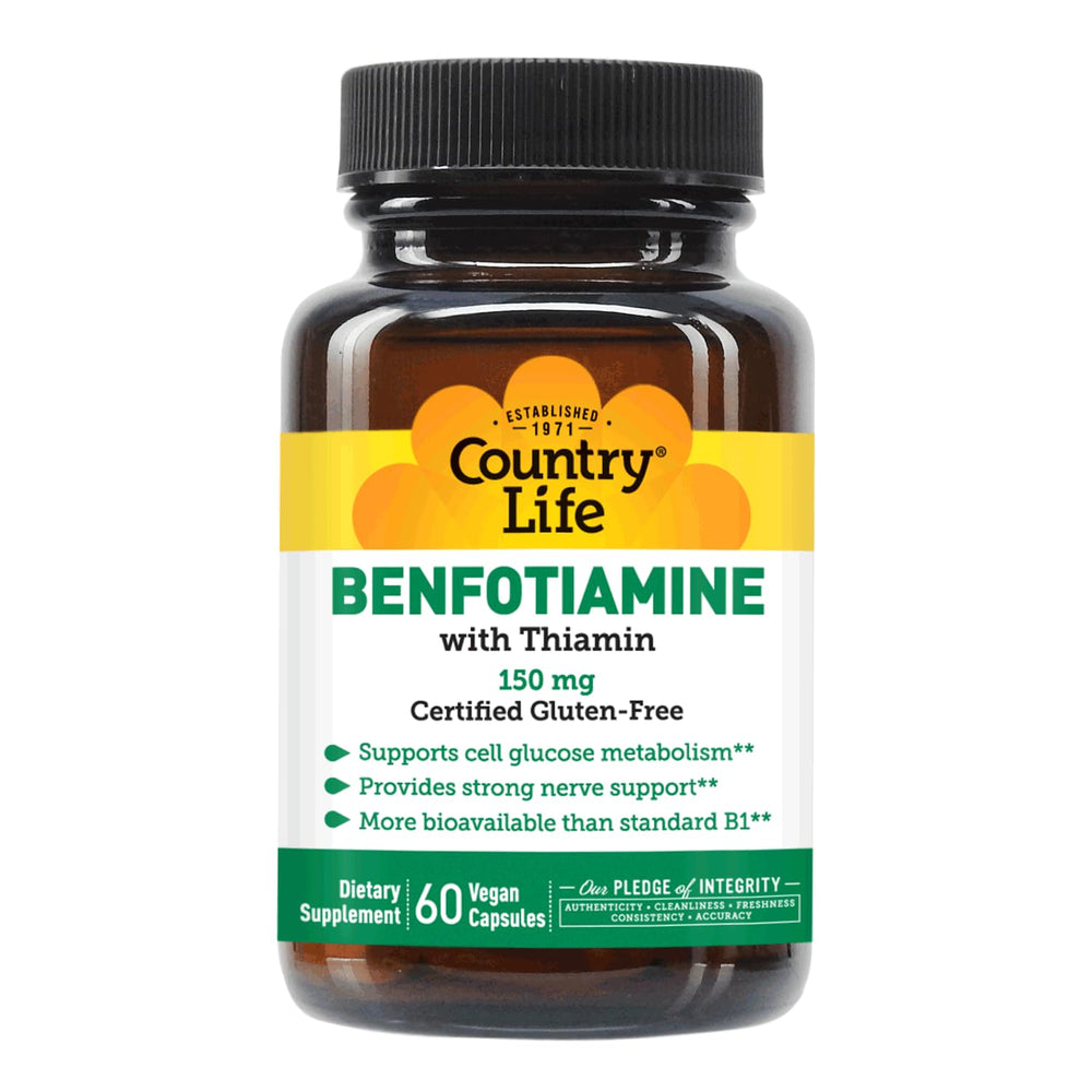 Country Life Benfotiamine packaging with vegan and gluten-free icons