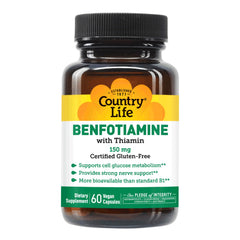 Country Life Benfotiamine packaging with vegan and gluten-free icons