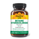 Country Life Betaine Hydrochloride with Pepsin bottle, 600mg, 100 tablets, gluten free