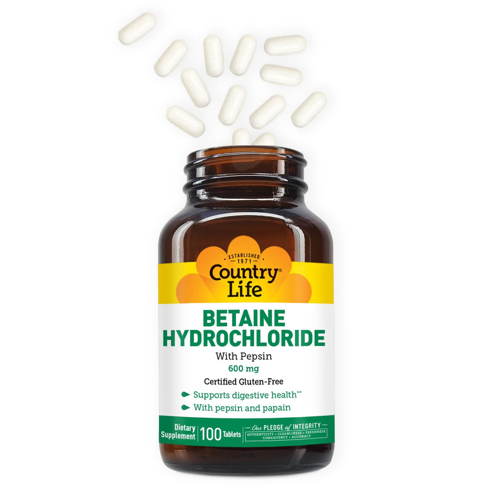 Supplement facts panel for Country Life Betaine Hydrochloride