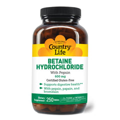 Front view of Country Life Betaine HCl with Pepsin 600 mg bottle