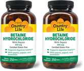 Front view of Country Life Betaine Hydrochloride with Pepsin 600 mg bottle and pack of 2