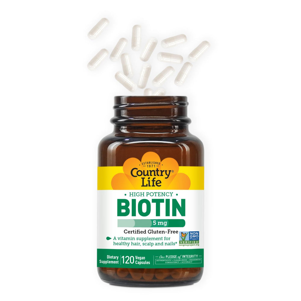 Capsule and bottle arrangement of Country Life Biotin Vegicaps