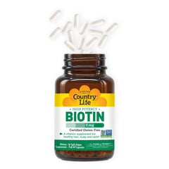 Capsule and bottle arrangement of Country Life Biotin Vegicaps