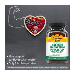 Close-up of Country Life Calcium-Magnesium-Potassium 90 tablets bottle label