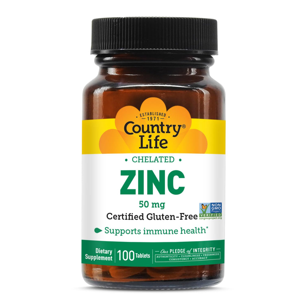 Country Life Chelated Zinc 50 mg bottle label showing gluten-free and vegan icons