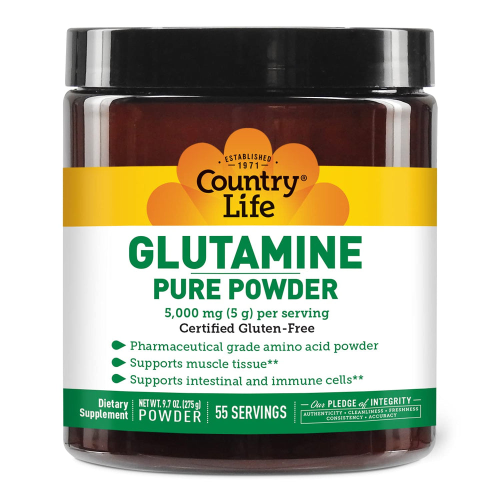 Country Life Glutamine Pure Powder bottle label with 5000mg L-glutamine