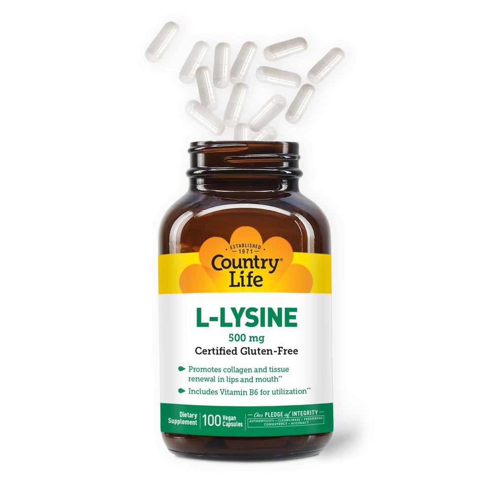 Country Life L-Lysine 500mg with B-6 bottle back label showing GFCO and AVA certifications