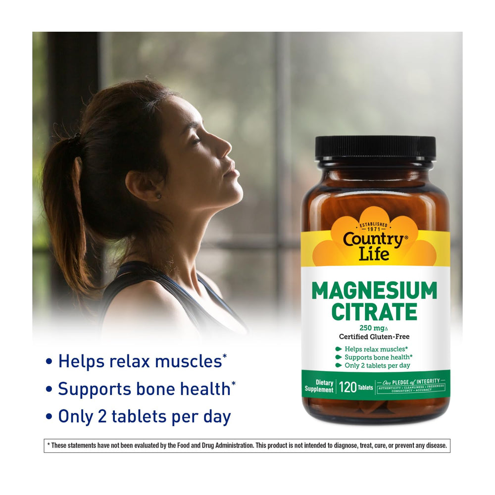 Country Life Magnesium Citrate 250mg label close-up with usage details and benefits.