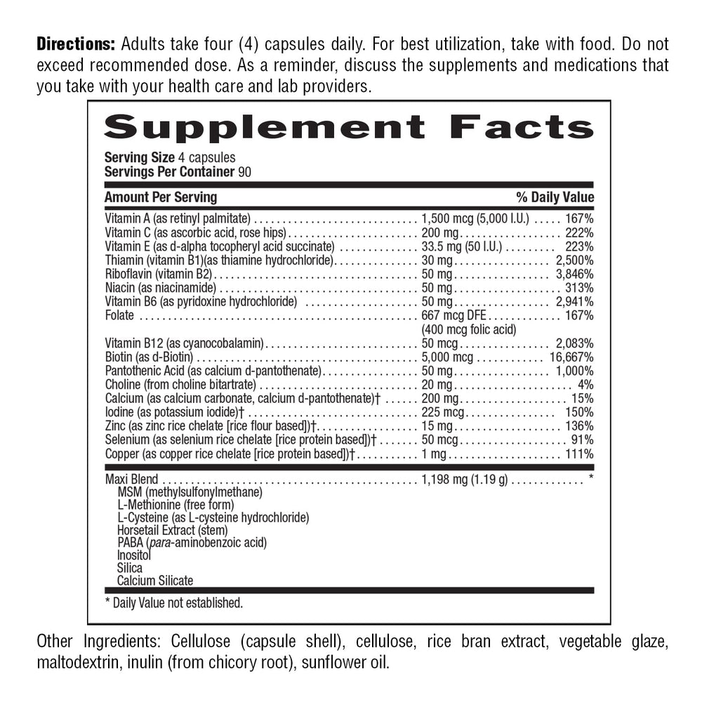 Ingredients panel featuring Biotin, MSM, and vitamins