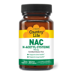 Country Life NAC bottle closeup highlighting 750 mg capsules for liver and lung support