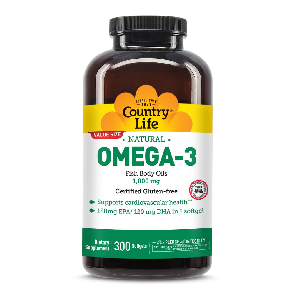 Country Life Omega-3 fish oil supplement bottle with 300 softgels