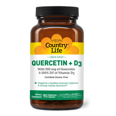Front view of Country Life Quercetin 500mg with Vitamin D3 800 IU capsules