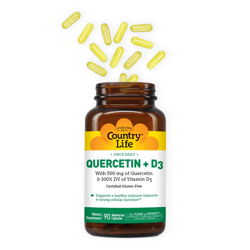 Daily use image showing quercetin and vitamin D3 capsules for immune health