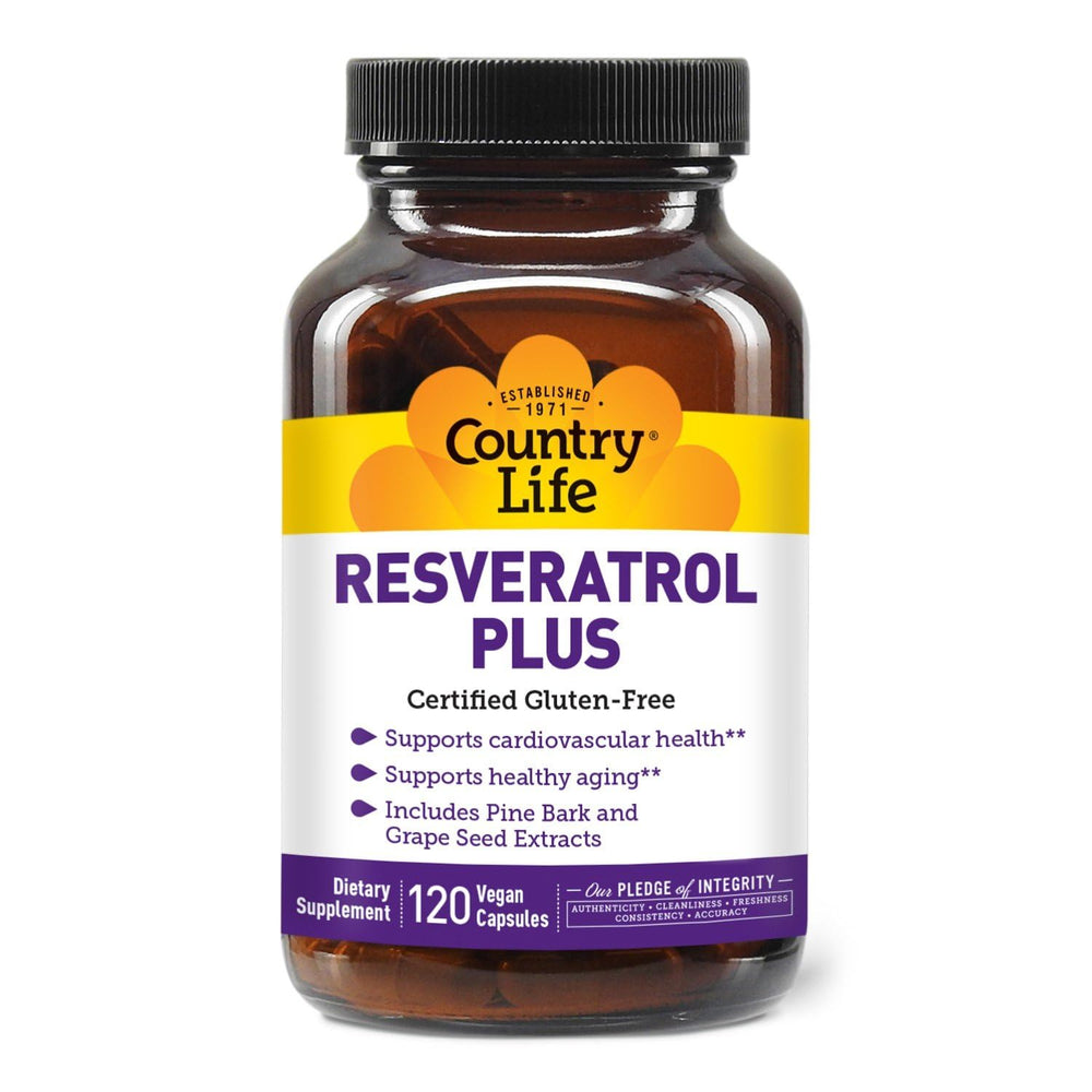 Country Life Resveratrol Plus bottle-front highlighting antioxidant formula for daily wellness.