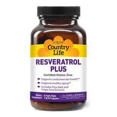 Country Life Resveratrol Plus bottle-front highlighting antioxidant formula for daily wellness.