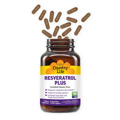 Country Life Resveratrol Plus bottle pouring capsules for easy daily use and aging support.