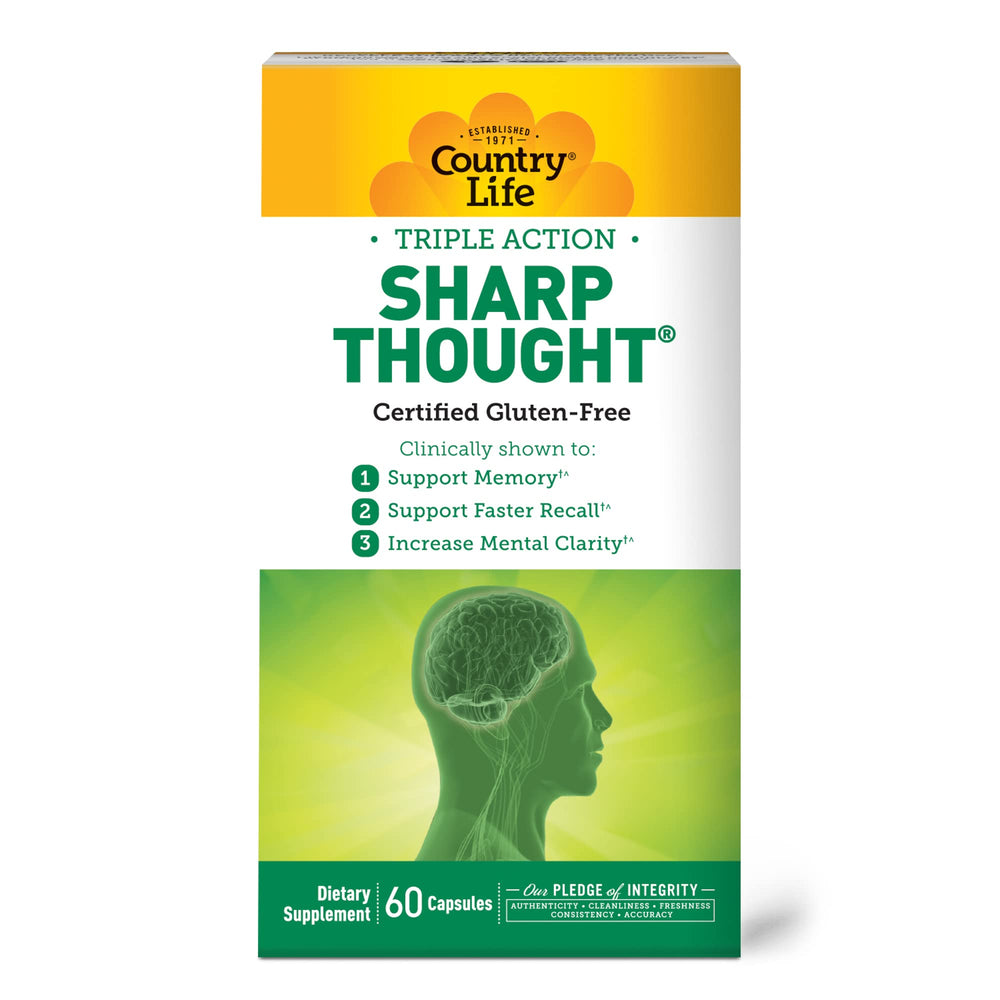 Close-up of Country Life Sharp Thought bottle and capsules